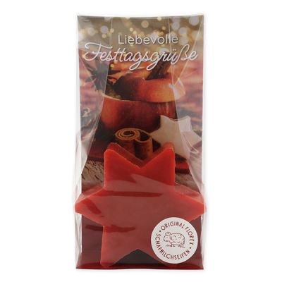 Sheep milk soap star 80g in a cellophane "Liebevolle Festtagsgrüße", Pomegranate 