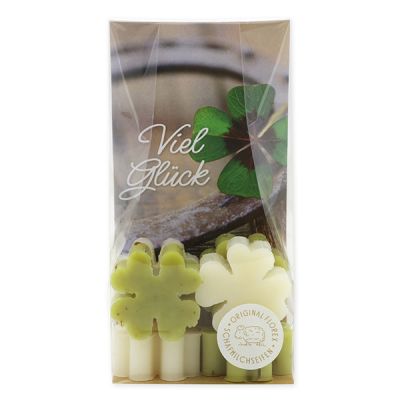 Sheep milk soap cloverleaf mini 6x14g in a cellophane "Viel Glück", Classic/Verbena 