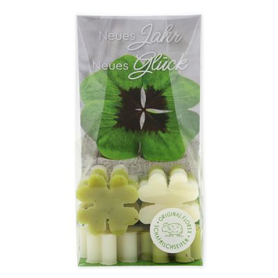 Sheep milk soap cloverleaf mini 6x14g in a cellophane "Neues Jahr Neues Glück", Classic/Verbena 
