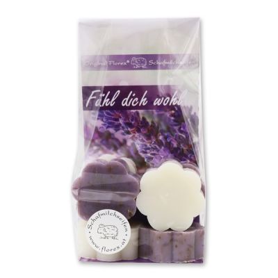 Sheep milk soap flower 6x20g in a cellophane bag "Fühl dich wohl", Classic/Lavender 