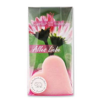 Sheep milk soap heart 85g in a cellophane bag "Alles Liebe", Peony 