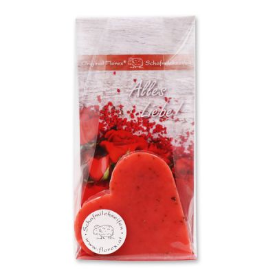 Sheep milk soap heart 85g in a cellophane bag "Alles Liebe", Rose with petals 