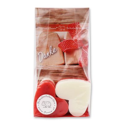 Sheep milk soap heart 4x23g in a cellophane bag "Danke" , Classic/Rose with petals 