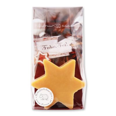 Sheep milk soap star 80g in a cellophane bag "Frohes Fest", Swiss pine 