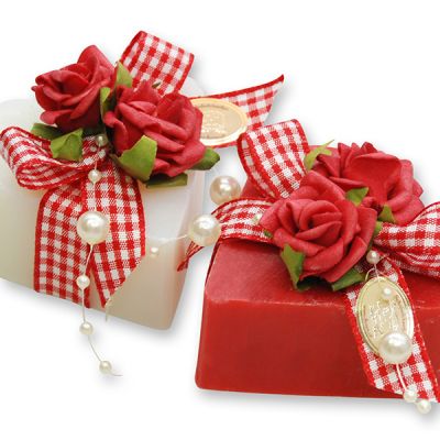 Sheep milk soap heart 85g decorated with a red rose, Classic/Pomegranate 