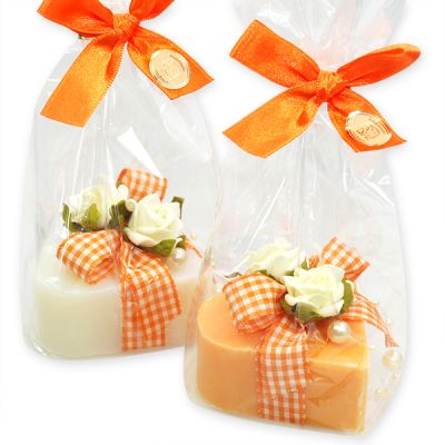 Sheep milk soap heart 85g decorated with a rose packed in a cellophane bag, Classic/Orange 