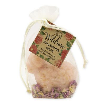 Sheep milk soap sheep Lina 75g with rose petals in organza bag "feel-good time", Wild rose with petals 