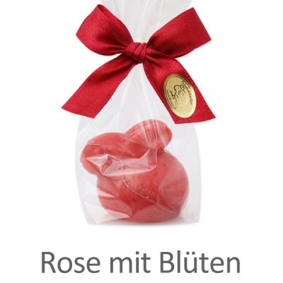 Schafmilchseife Hase liegend 40g in Cello, Rose mit Blüten 