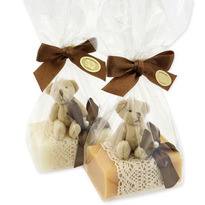 Schafmilchseife eckig 100g dekoriert mit Teddy in Cello, Classic/Quitte 
