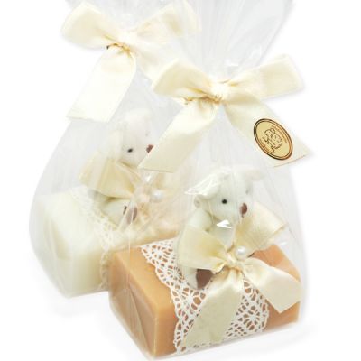 Schafmilchseife eckig 100g dekoriert mit Teddy in Cello, Classic/Quitte 