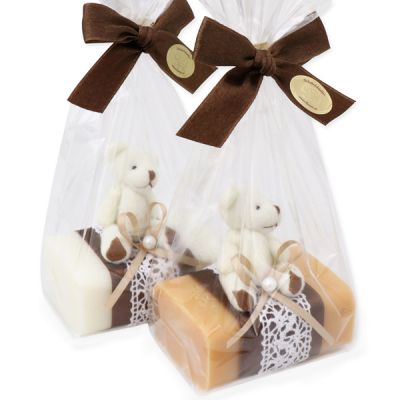 Schafmilchseife eckig 100g dekoriert mit Teddy in Cello, Classic/Quitte 