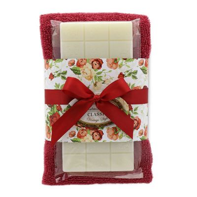 Sheep milk soap 100g and towel 30x50cm bordeaux "Vintage motif 140", Classic 