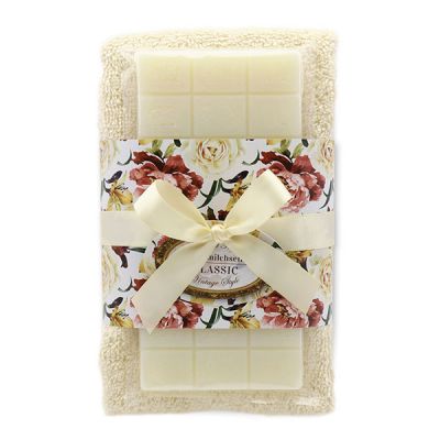 Sheep milk soap 100g and towel 30x50cm cream "Vintage motif 150", Classic 