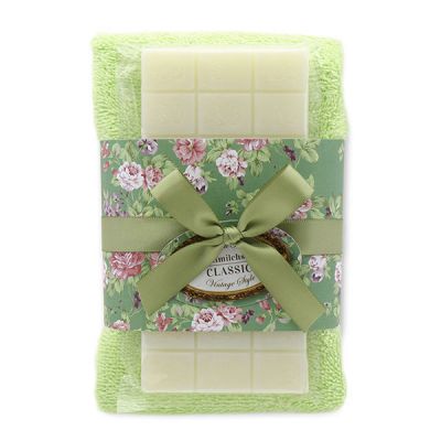 Sheep milk soap 100g and towel 30x50cm green "Vintage motif 18", Classic 