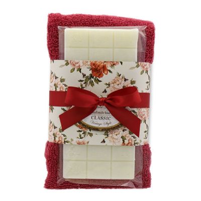 Sheep milk soap 100g and towel 30x50cm bordeaux "Vintage motif 189", Classic 