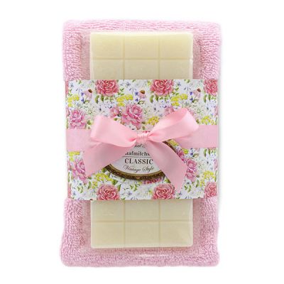 Sheep milk soap 100g and towel 30x50cm light pink "Vintage motif 192", Classic 