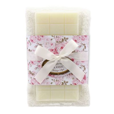 Sheep milk soap 100g and towel 30x50cm white "Vintage motif 195", Classic 