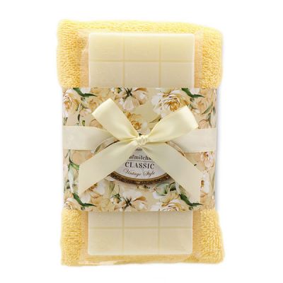 Sheep milk soap 100g and towel 30x50cm yellow "Vintage motif 201", Classic 