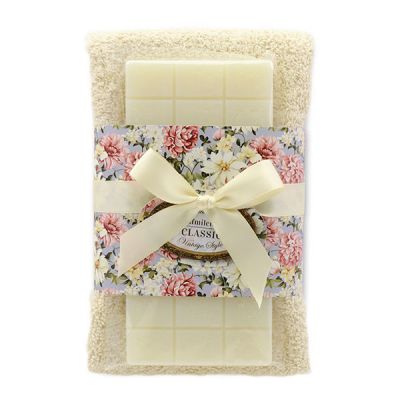 Schafmilchseife 100g und Gästehandtuch 30x50cm creme "Vintage-Motiv 203", Classic 