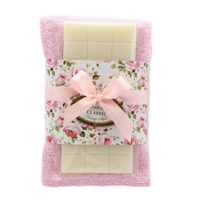Sheep milk soap 100g and towel 30x50cm light pink "Vintage motif 205", Classic 