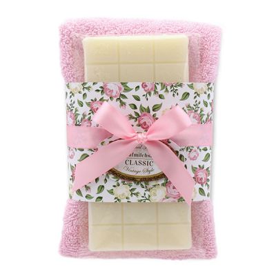 Sheep milk soap 100g and towel 30x50cm light pink "Vintage motif 76", Classic 