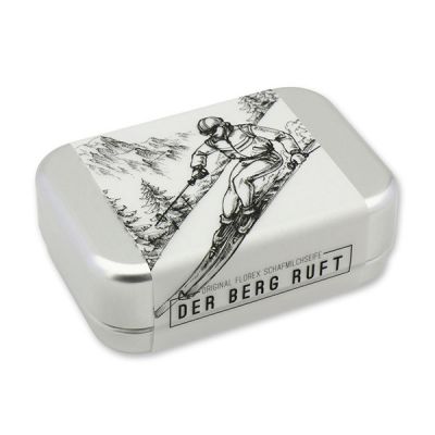 Schafmilchseife eckig 100g verpackt in der Dose "Der Berg ruft", Schneerose 