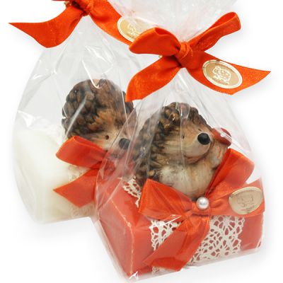 Sheep milk soap 100g decorated with a hedgehog in a cellophane, Classic/blood orange 