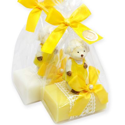 Sheep milk soap 100g, decorated with a ceramic sheep in a cellophane, Classic/chamomile 