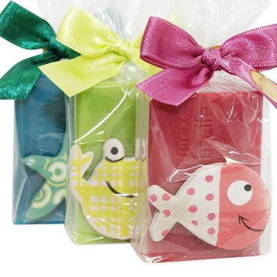 Sheep milk soap 100g decorated with wooden sea-animals in a cellophane, sorted 