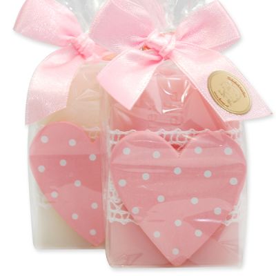 Sheep milk soap 100g decorated with a heart in a cellophane, Classic/peony 