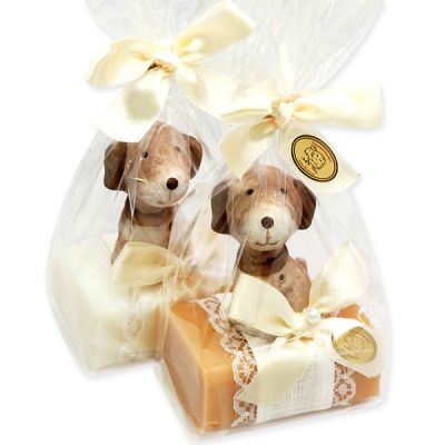 Schafmilchseife eckig 100g dekoriert mit Hund in Cello, Classic/Quitte 