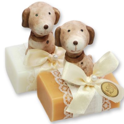 Schafmilchseife eckig 100g dekoriert mit Hund, Classic/Quitte 