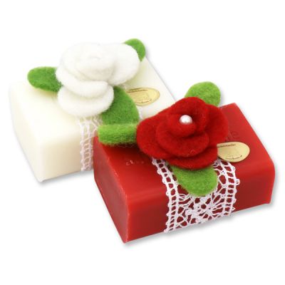 Sheep milk soap square 100g decorated with a felt flower, Classic/rose 