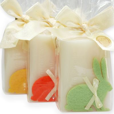 Sheep milk soap 100g, decorated with a felt rabbit in a cellophane, Classic 