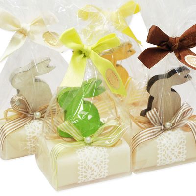 Sheep milk soap 100g, decorated with a wooden rabbit in a cellophane, Classic 