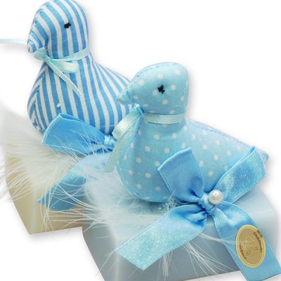 Sheep milk soap 100g decorated with a material duck, Classic/'forget-me-not' 