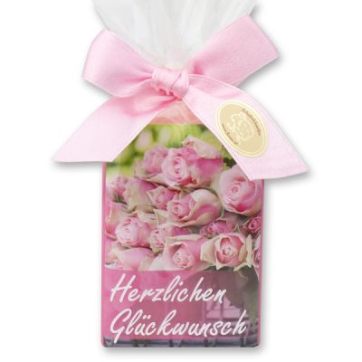 Sheep milk soap 100g in a cellophane bag "Herzlichen Glückwunsch", Peony 
