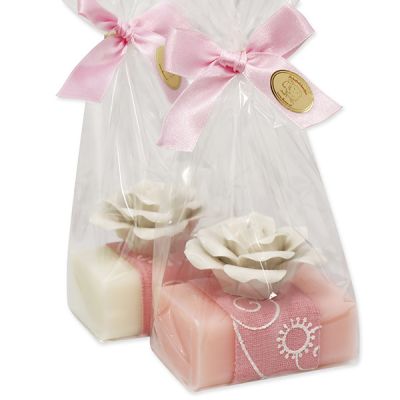 Sheep milk soap 100g, decorated with a rose in a cellophane, Classic/peony 