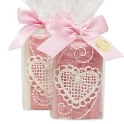 Sheep milk soap 100g decorated with a crochet heart in a cellophane, Classic/magnolia 