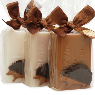 Sheep milk soap 100g decorated with a fabric hedgehog in a cellophane, sorted 