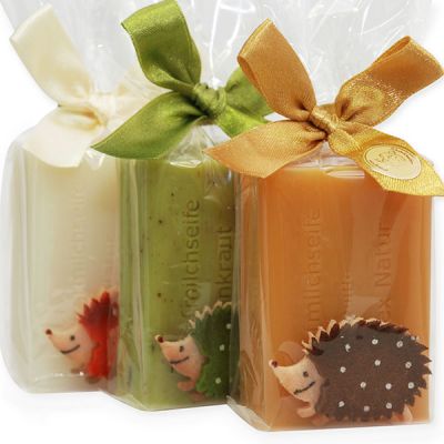 Sheep milk soap 100g, decorated with a hedgehog in a cellophane, sorted 