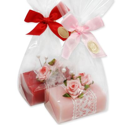 Schafmilchseife eckig 100g, dekoriert mit Rose in Cello, Rose/Pfingstrose 