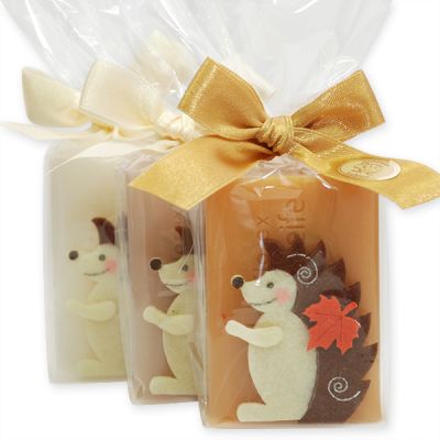 Sheep milk soap 100g decorated with a hedgehog in a cellophane bag, Classic/Quince/Almond oil 