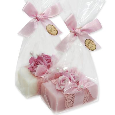 Sheep milk soap 100g, decorated with roses in a cellophane, Classic/magnolia 
