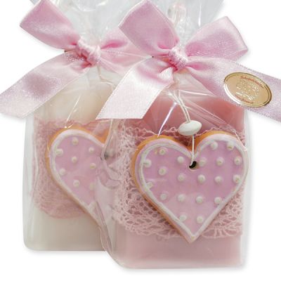 Sheep milk soap 100g, decorated with biscuit heart in a cellophane, Classic/magnolia 