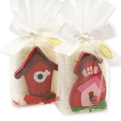 Sheep milk soap 100g, decorated with a wooden bird house in a cellophane, Gardenia 