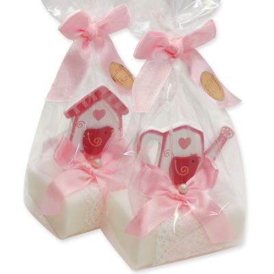 Sheep milk soap 100g decorated with wooden motives in a cellophane bag, Gardenia 