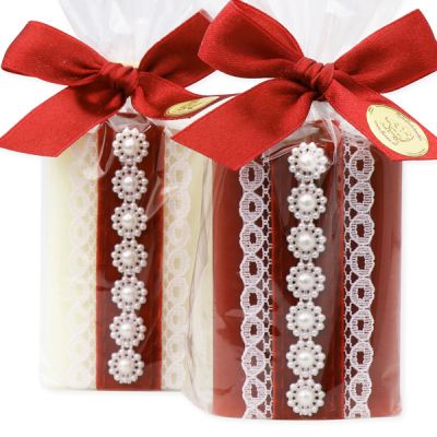 Schafmilchseife eckig 100g dekoriert mit Glitzerband in Cello, Classic/Granatapfel 