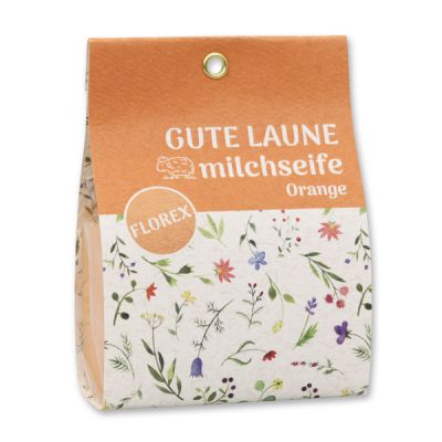 Schafmilchseife eckig 100g in Tasche "Gute Laune", Orange 