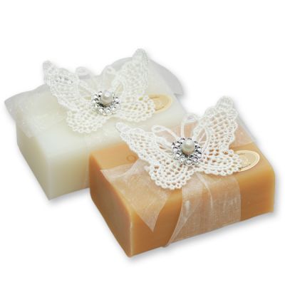 Schafmilchseife eckig 100g dekoriert mit Häkelschmetterling, Classic/Quitte 